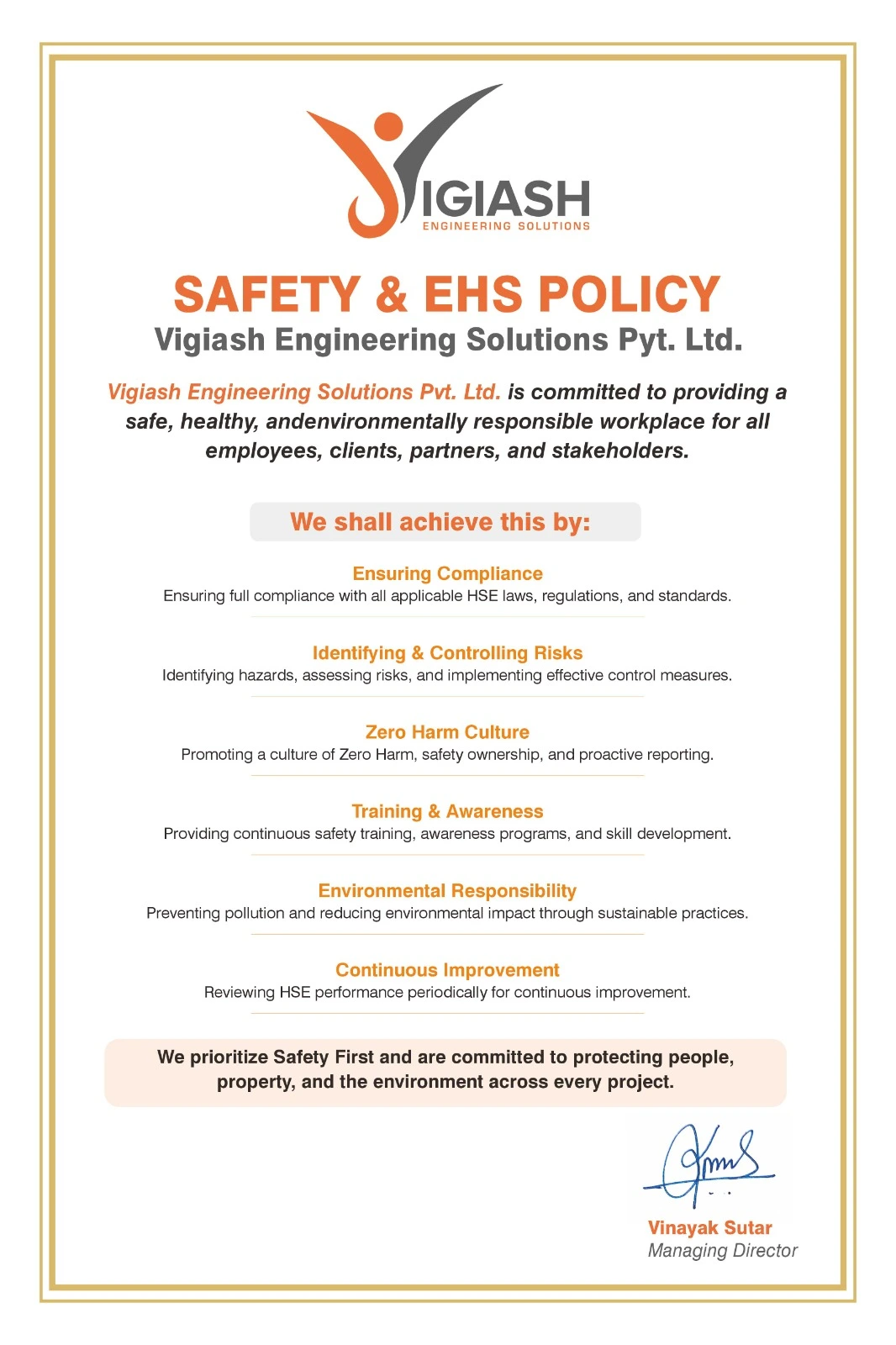 Vigiash Engineering Occupational Health, Safety & EHS Policy Document